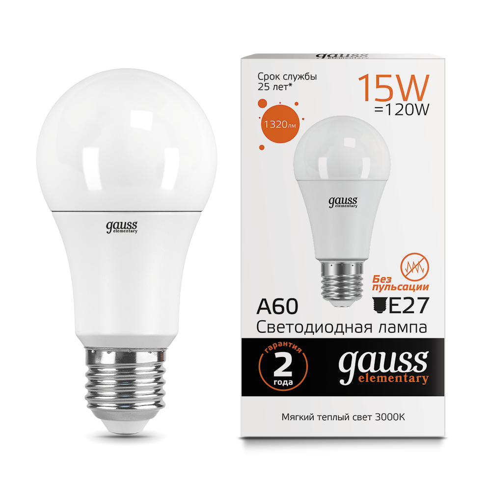 Лампа Gauss LED Elementary A60 15W E27 1320lm 3000K