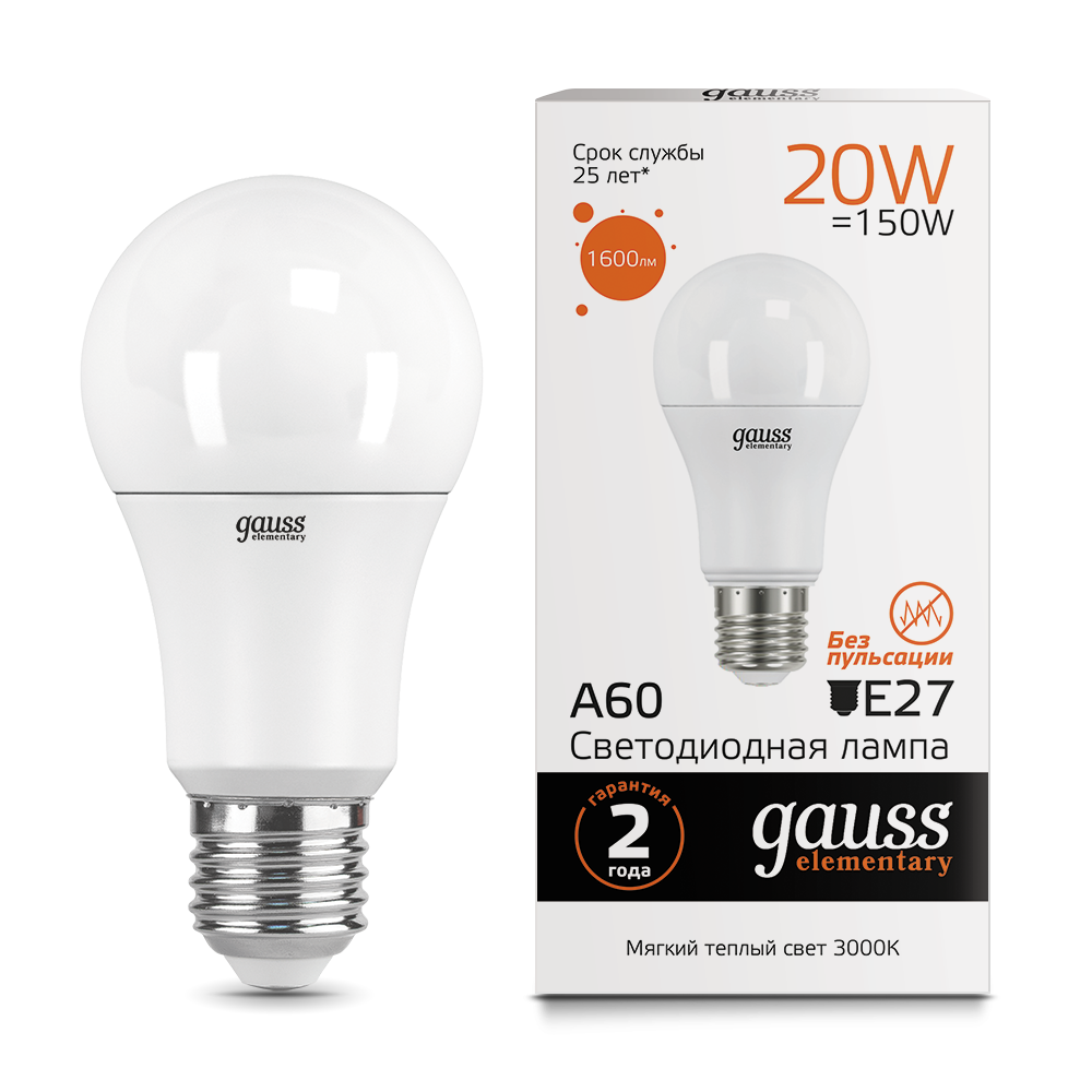 Лампа Gauss LED Elementary A60 20W E27 1520lm 3000K