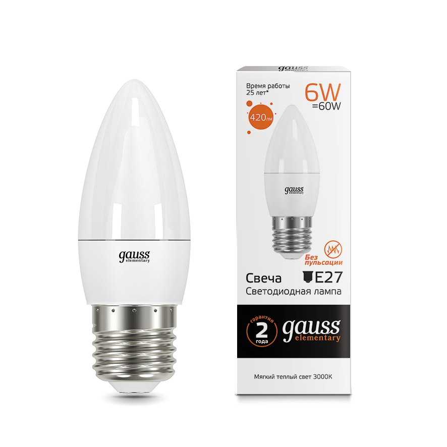 Лампа Gauss LED Elementary Свеча 6W E27 420lm 3000K