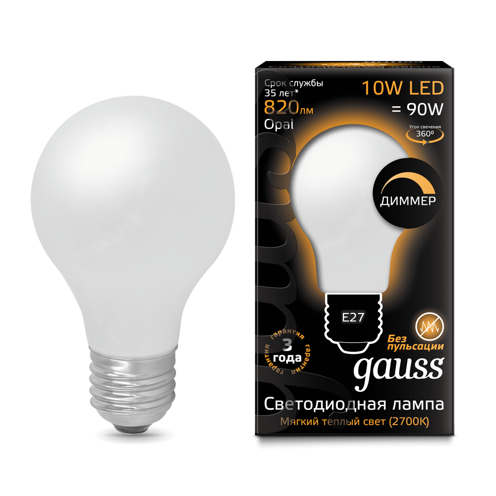 Лампа Gauss LED Filament A60 OPAL E27 10W 820lm 2700К