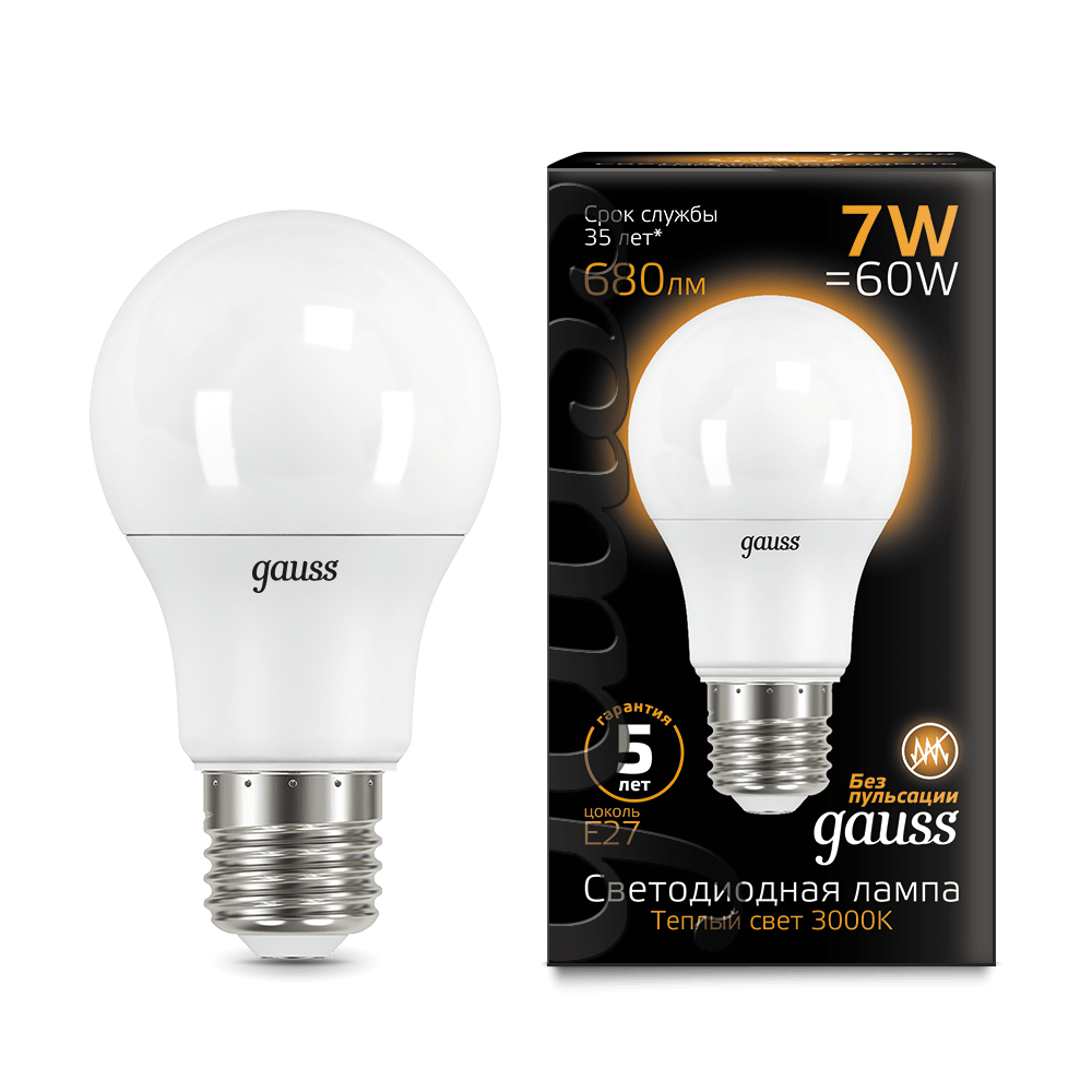 Лампа Gauss LED A60 E27 7W 680lm 3000K