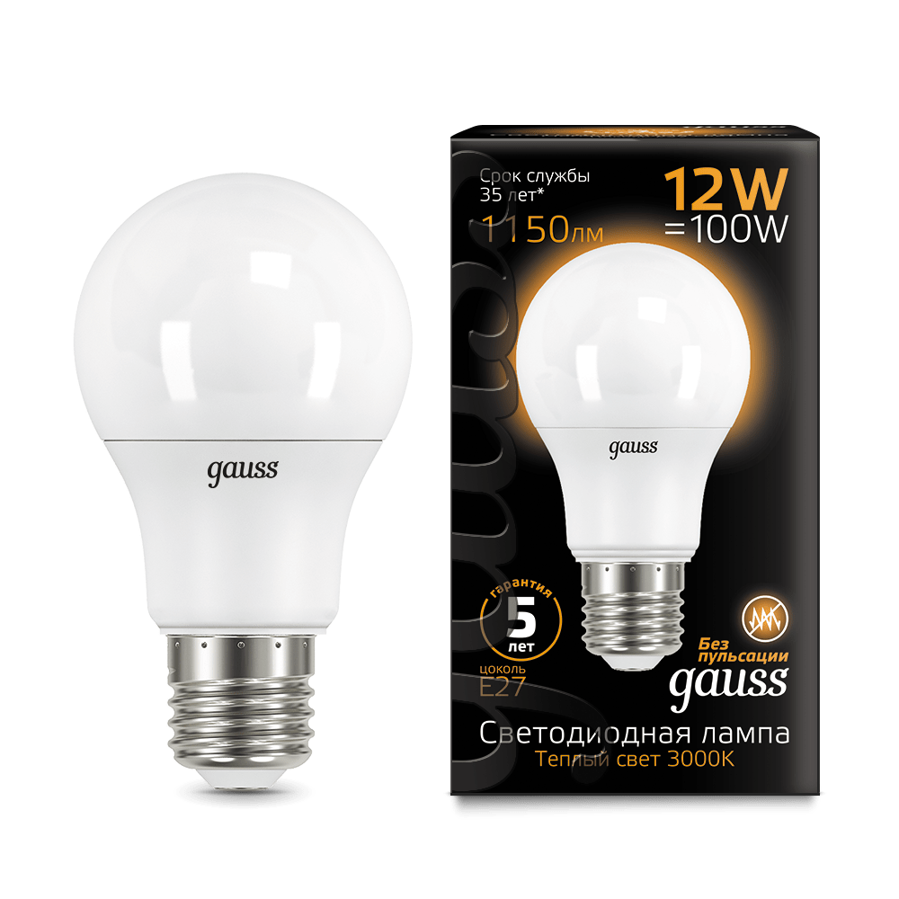 Лампа Gauss LED A60 12W E27 1150lm 3000K