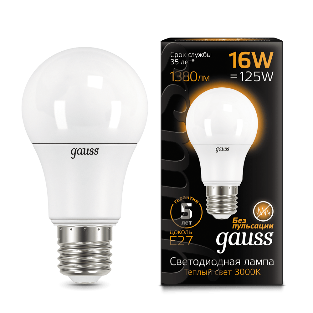 Лампа Gauss LED A60 16W E27 1380lm 3000K