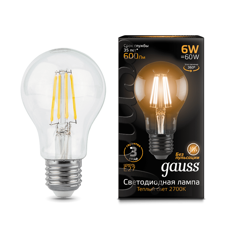 Лампа Gauss LED Filament A60 E27 6W 600lm 2700К