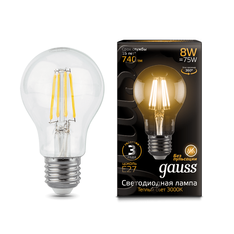 Лампа Gauss LED Filament A60 E27 8W 740lm 2700К