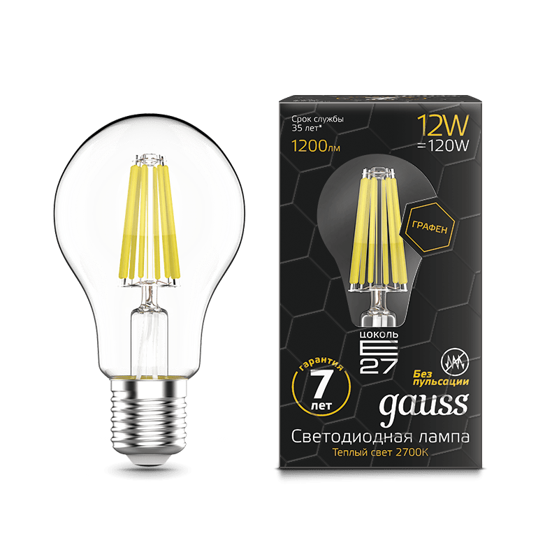 Лампа Gauss LED Filament Graphene A60 E27 12W 1200lm 2700К