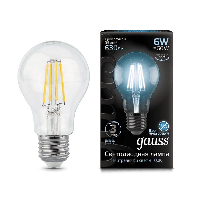 Лампа Gauss LED Filament A60 E27 6W 630lm 4100К