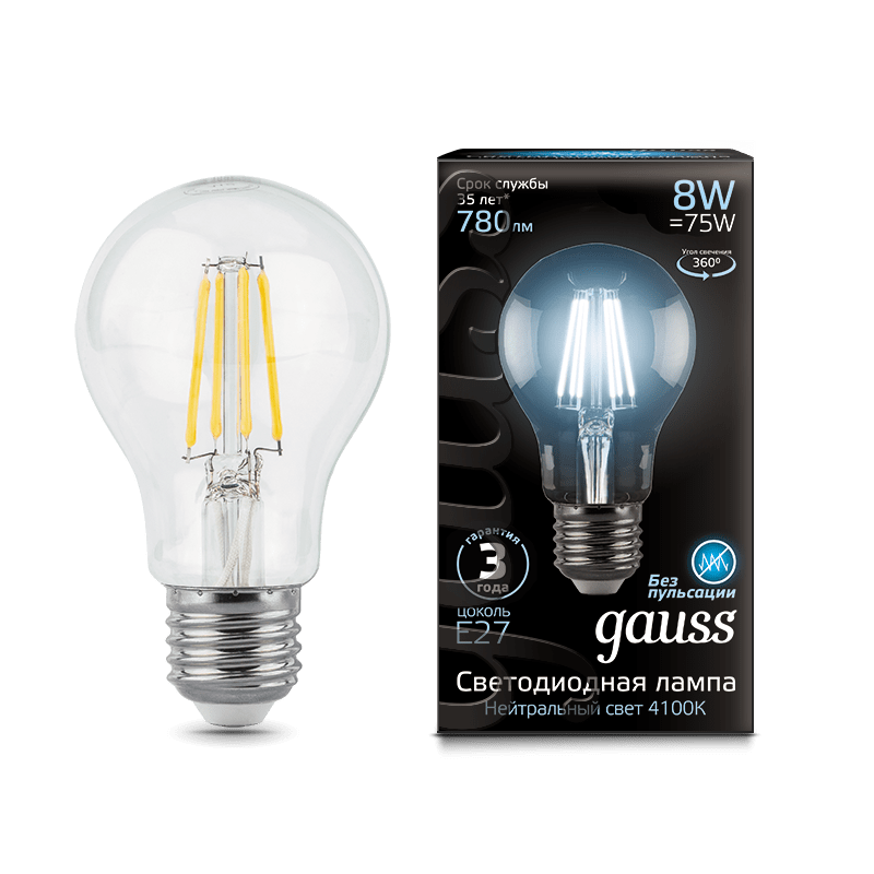 Лампа Gauss LED Filament A60 E27 8W 780lm 4100К