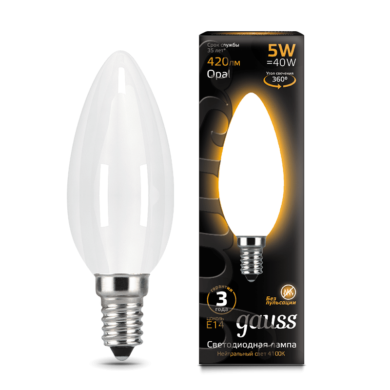 Лампа Gauss LED Filament Свеча OPAL E14 5W 420lm 2700К