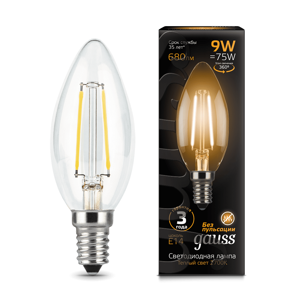 Лампа Gauss LED Filament Свеча E14 9W 680lm 2700К