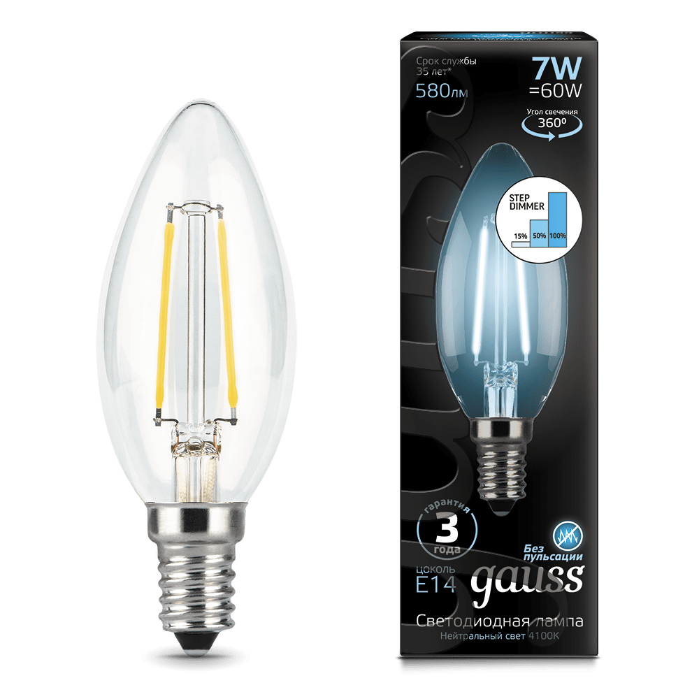 Лампа Gauss LED  Filament Свеча E14 7W 580lm 4100К