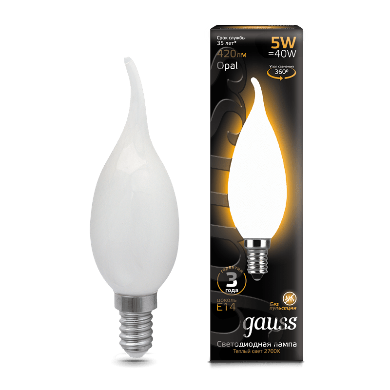 Лампа Gauss LED Filament Свеча на ветру OPAL E14 5W 420lm 2700К