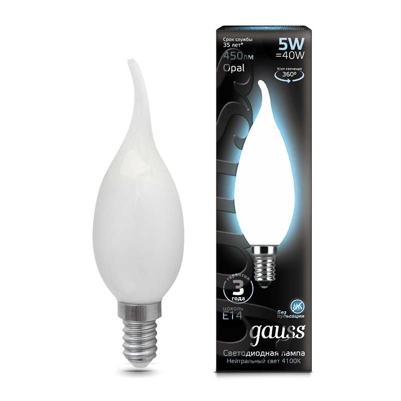 Лампа Gauss LED Filament Свеча на ветру OPAL E14 5W 450lm 4100К