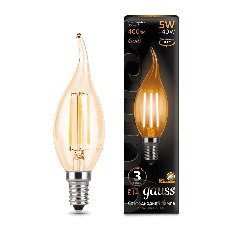 Лампа Gauss LED Filament Свеча на ветру E14 5W 400lm 2700K Golden