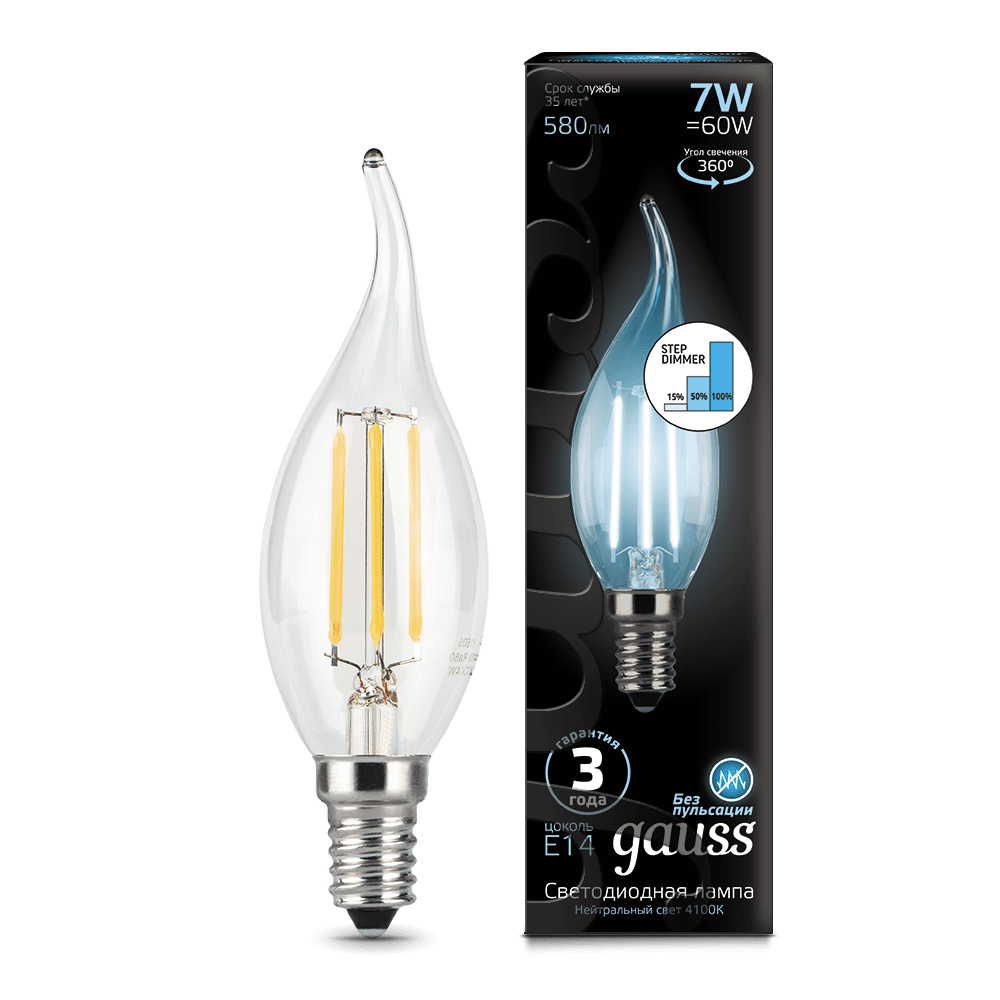 Лампа Gauss LED  Filament Свеча на ветру E14 7W 580lm 4100К