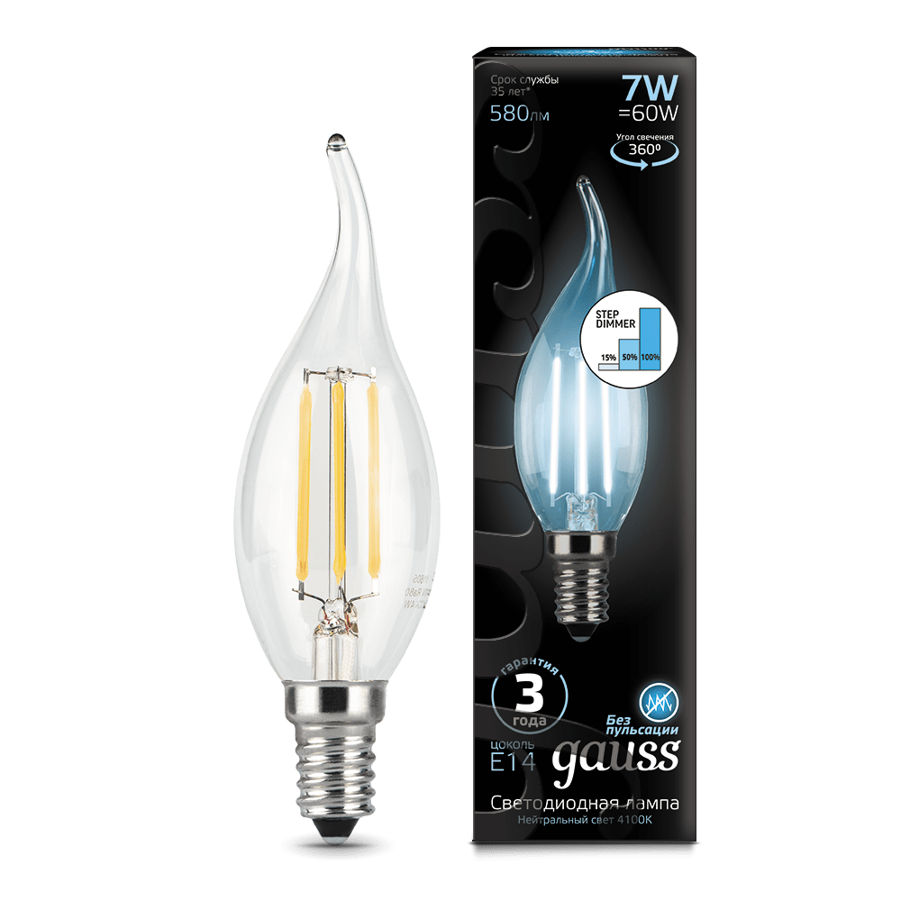 Лампа Gauss LED Filament Свеча на ветру E14 7W 580lm 4100К