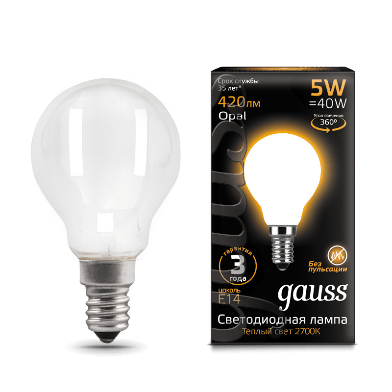 Лампа Gauss LED Filament Шар OPAL E14 5W 420lm 2700K