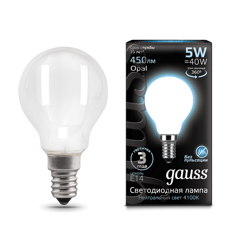 Лампа Gauss LED Filament Шар OPAL E14 5W 450lm 4100K
