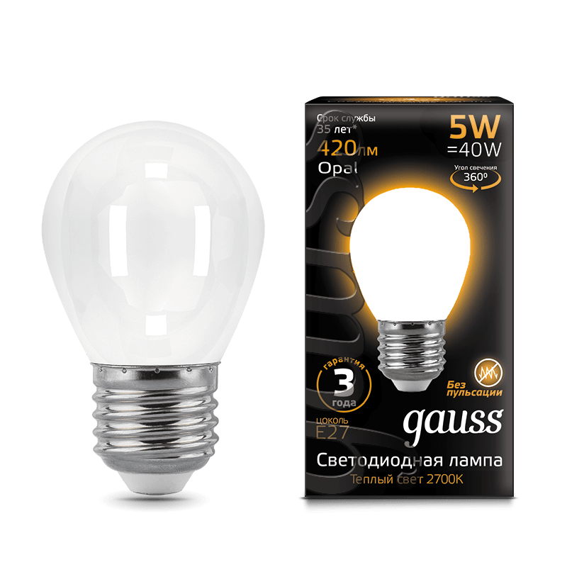 Лампа Gauss LED Filament Шар OPAL E27 5W 420lm 2700K
