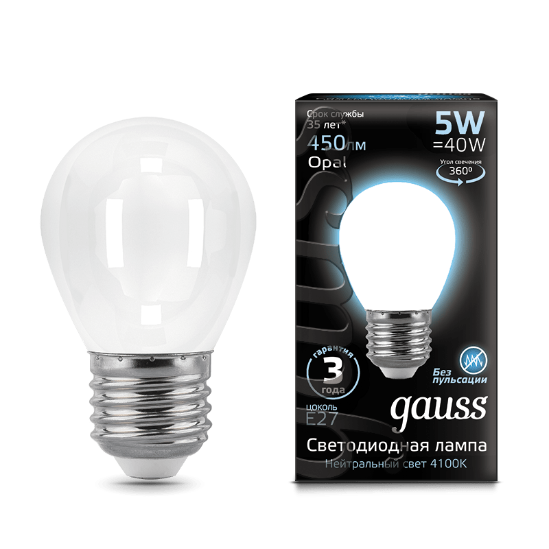 Лампа Gauss LED Filament Шар OPAL E27 5W 450lm 4100K