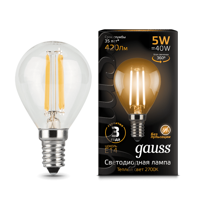 Лампа Gauss LED Filament Шар E14 5W 420lm 2700K