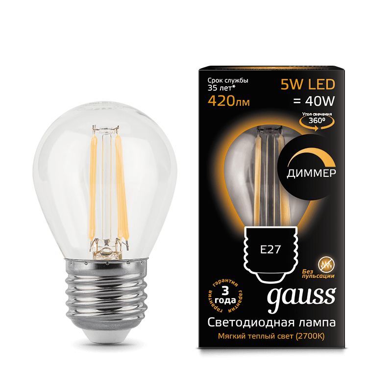 Лампа Gauss LED Filament Шар E27 5W 420lm 2700K