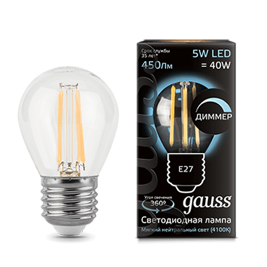 Лампа Gauss LED  Filament Шар E27 5W 450lm 4100K