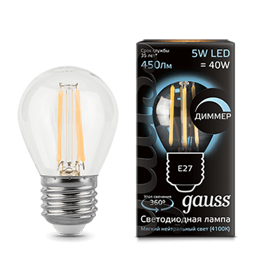 Лампа Gauss LED Filament Шар E27 5W 450lm 4100K