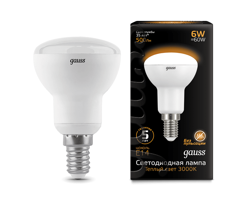 Лампа Gauss LED R50 E14 6W 500lm 3000K