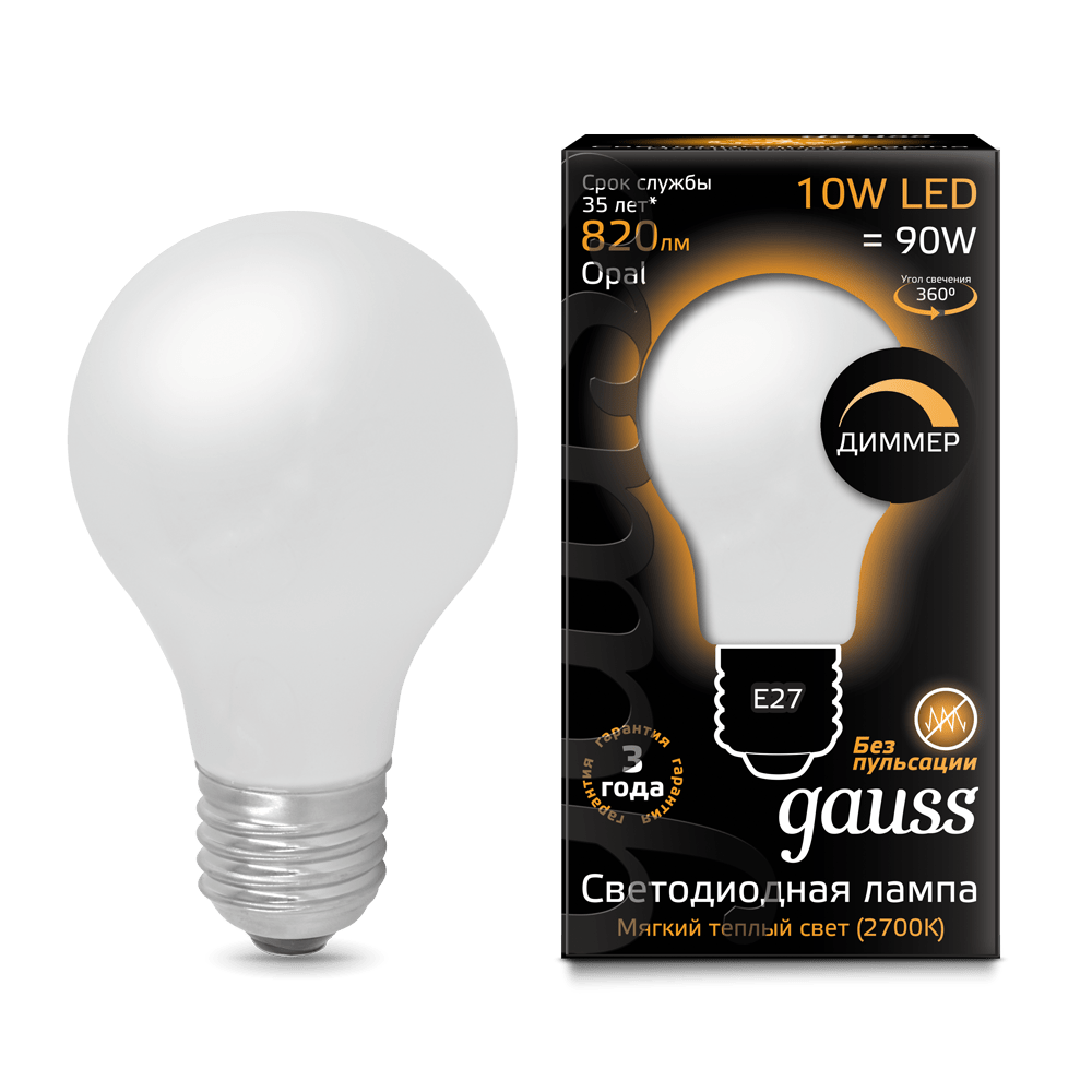 Лампа Gauss LED диммируемая Filament A60 OPAL E27 10W 820lm 2700К
