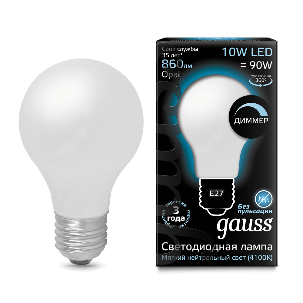 Лампа Gauss LED диммируемая Filament A60 OPAL E27 10W 860lm 4100К