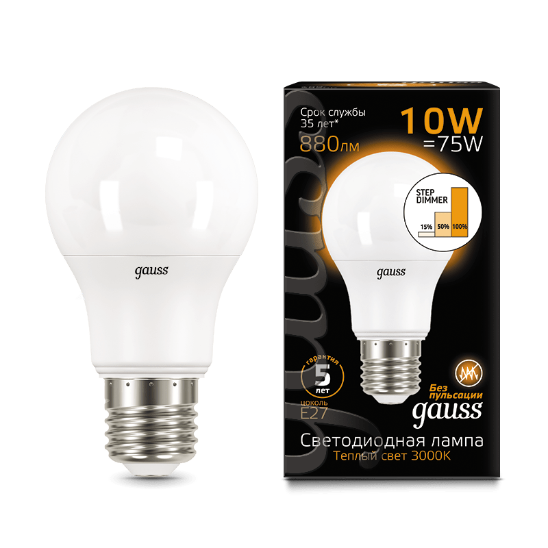 Лампа Gauss LED диммируемая A60 10W E27 880lm 2700K