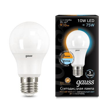 Лампа Gauss LED диммируемая A60 10W E27 930lm 2700K/4100K CTC