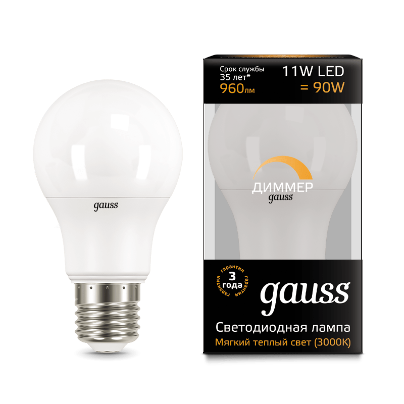 Лампа Gauss LED диммируемая A60-dim E27 11W 960lm 3000К