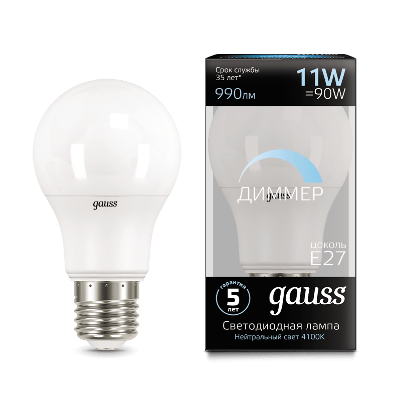 Лампа Gauss LED диммируемая A60-dim E27 11W 990lm 4100К