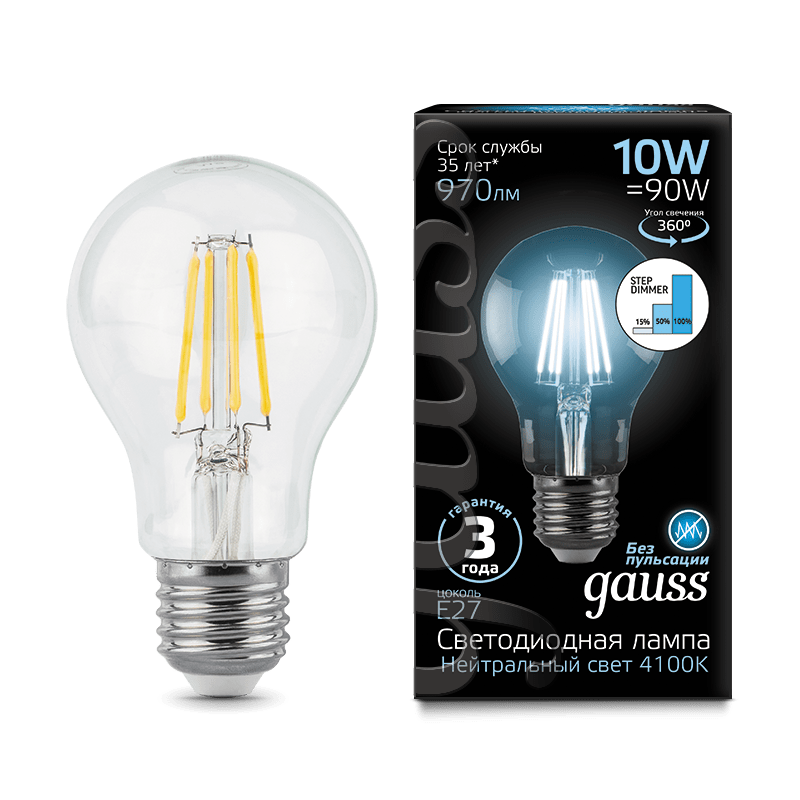 Лампа Gauss LED диммируемая Filament A60 E27 10W 970lm 4100К