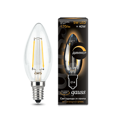 Лампа Gauss LED диммируемая Filament Свеча E14 5W 420lm 2700К