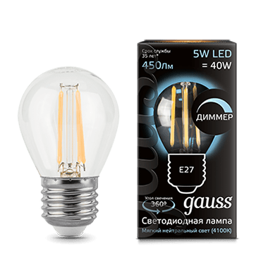 Лампа Gauss LED диммируемая Filament Шар E27 5W 450lm 4100K