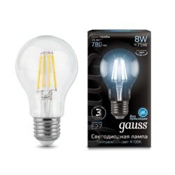 Лампа Gauss LED Filament A60 E27 8W 780lm 4100К