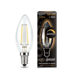 Лампа Gauss LED диммируемая Filament Свеча E14 5W 420lm 2700К