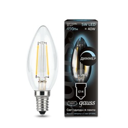 Лампа Gauss LED диммируемая Filament Свеча E14 5W 450lm 4100К