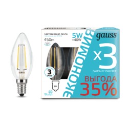 Лампа Gauss Filament Свеча E14 5W 450lm 4100К 1/20 (3 лампы в упаковке)